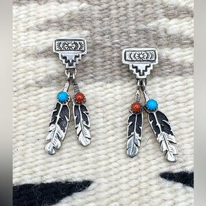 Navajo Native American Sterling Silver Turquoise Coral Feather Dangle Earrings